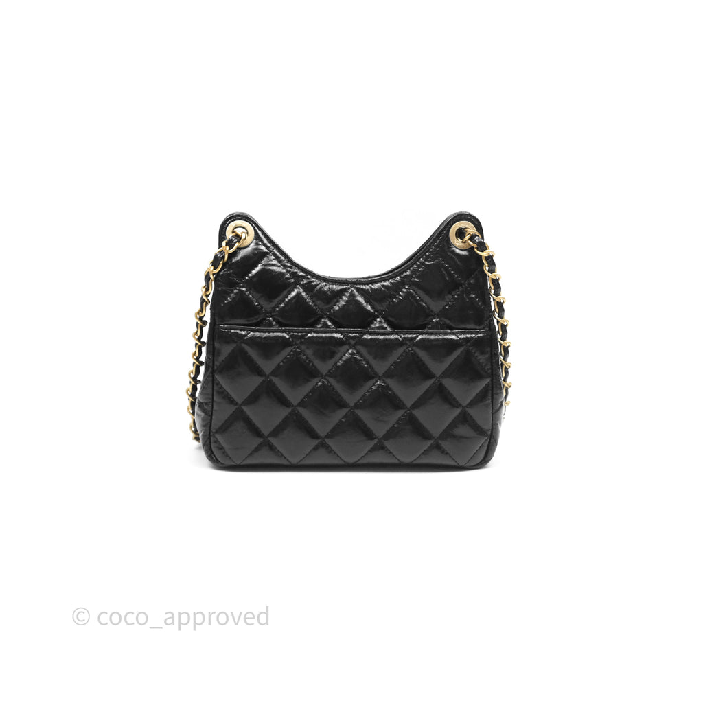 Chanel Small Wavy CC Hobo Black Shiny Crumpled Calfskin Aged Gold Hardware 23C