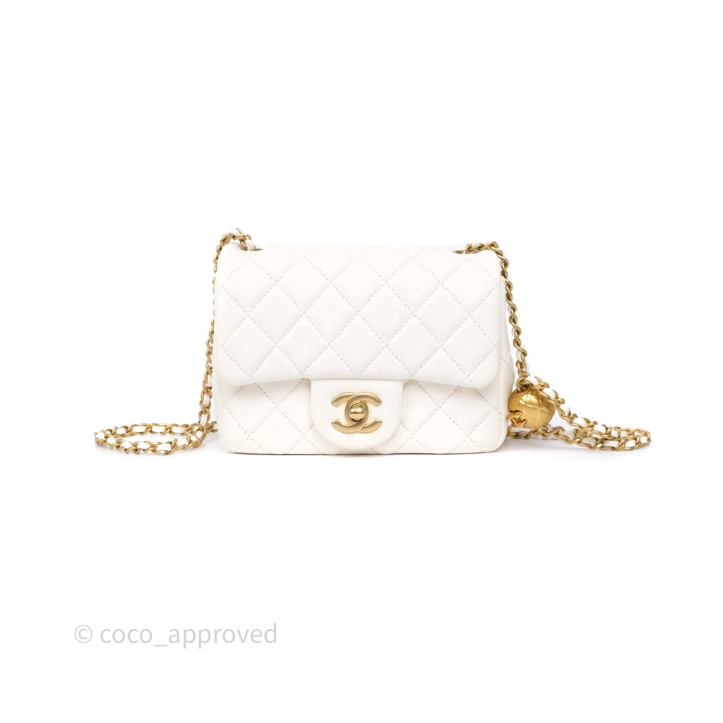 Chanel Pearl Crush Mini Square Quilted White Lambskin Aged Gold Hardware