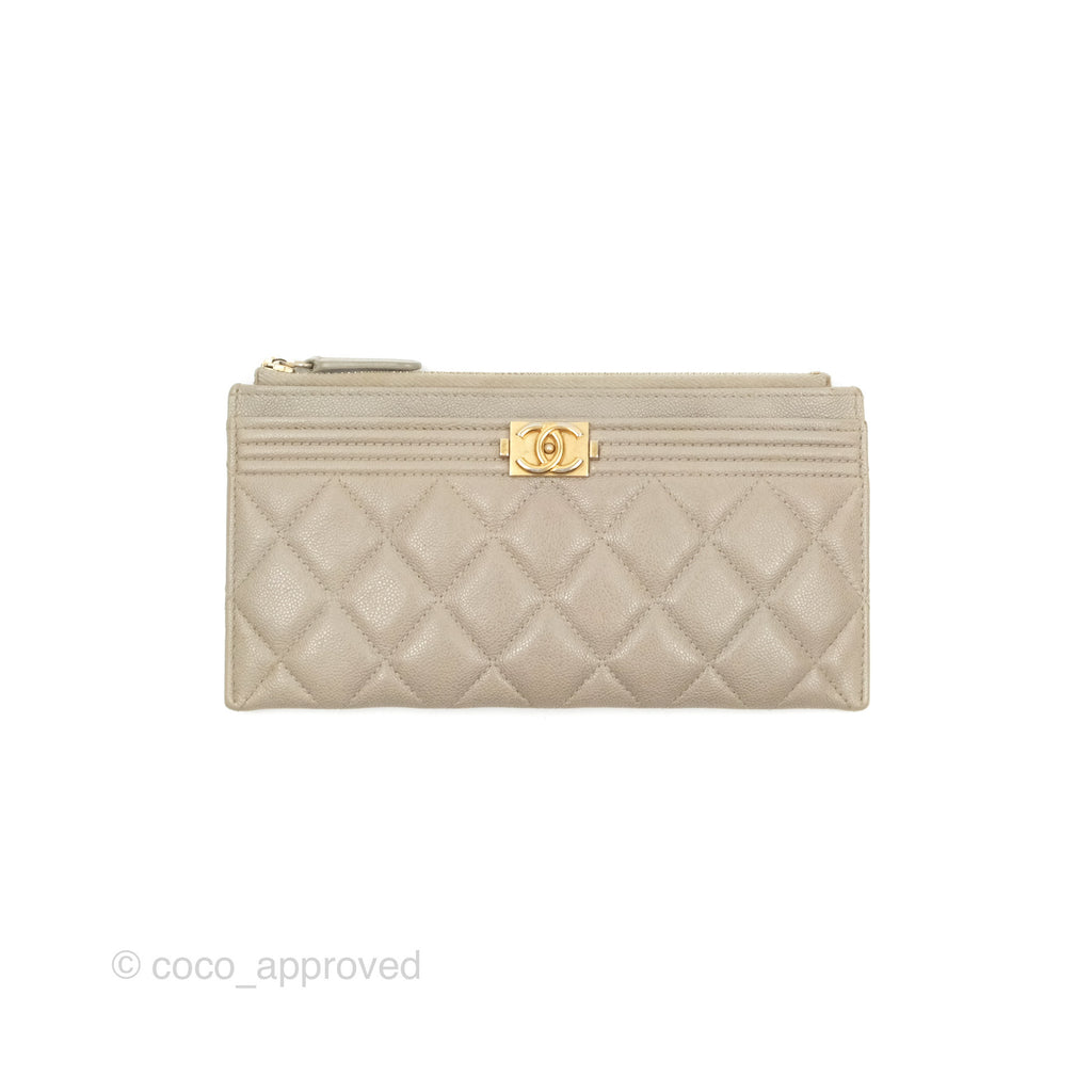 Chanel Boy Long Pouch Wallet Taupe Grey Caviar Aged Gold Hardware