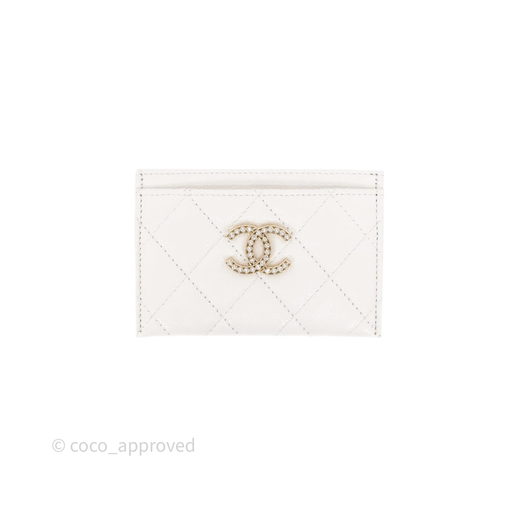 Chanel Crystal CC Quilted Flat Card Holder White Caviar