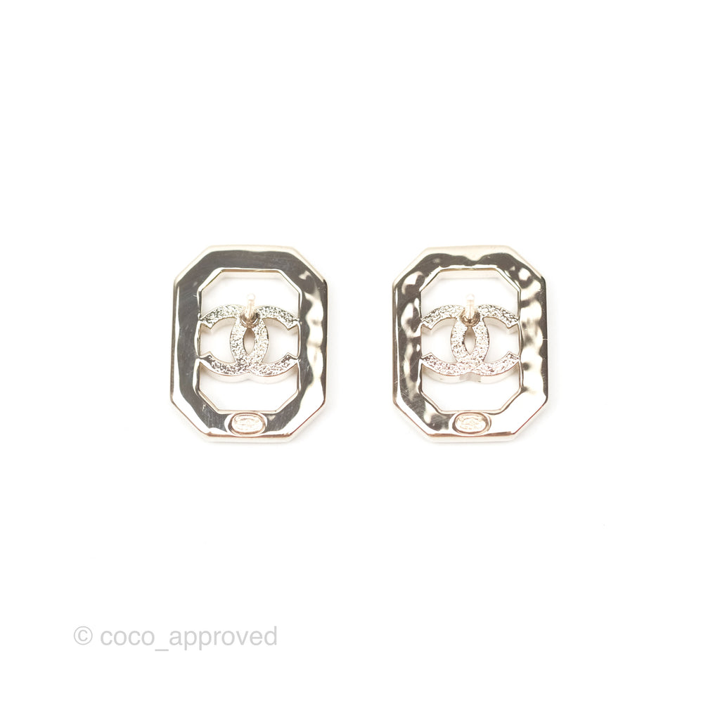 Chanel Crystal Pearl CC Square Earrings Gold Tone 23B