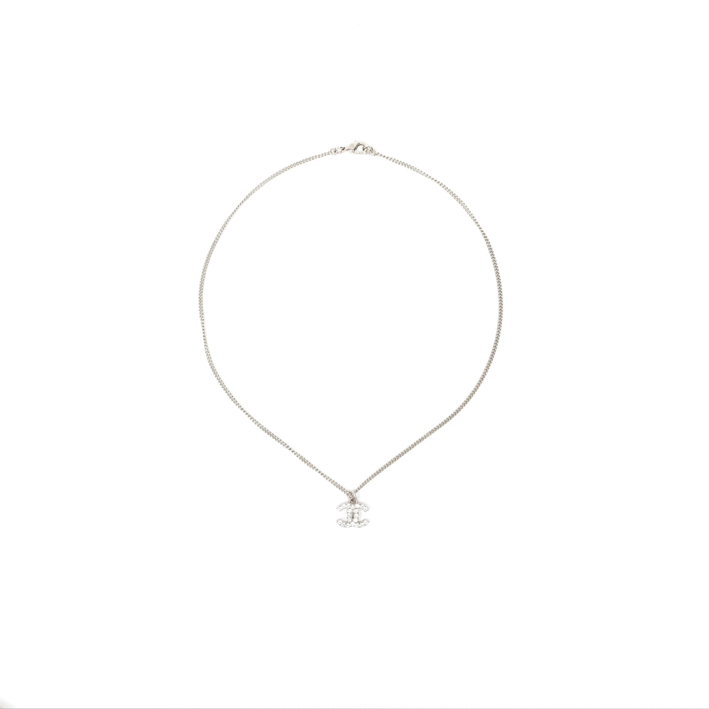 Chanel Crystal CC Necklace Silver Tone 12V