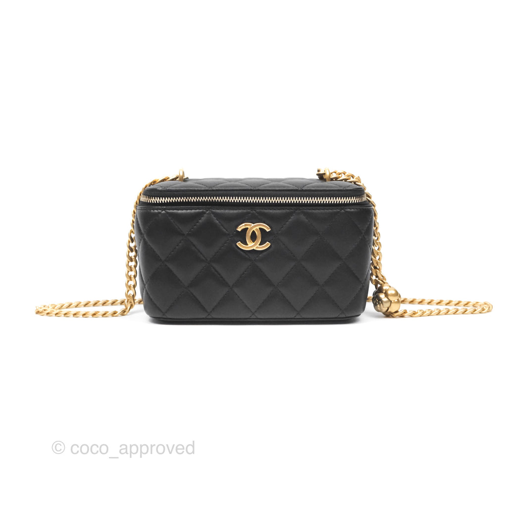 Chanel Quilted Vanity Rectangular with Camellia Adjustable Chain Black Lambskin 23S