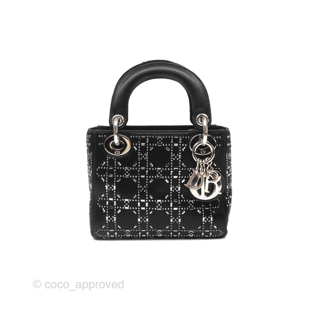 Christian Dior Mini Lady Dior Bag Black Strass Cannage Satin Silver Hardware