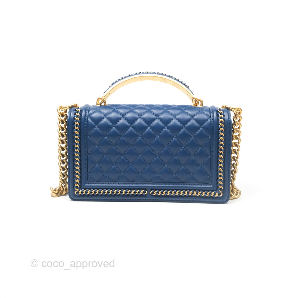 Chanel Quilted Medium Boy With Handle Dark Blue Calfskin Aged Gold Hardware