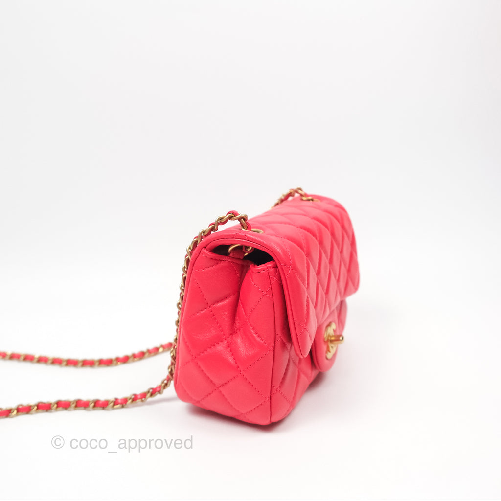 Chanel Mini Square Pearl Crush Quilted Red Lambskin Aged Gold Hardware