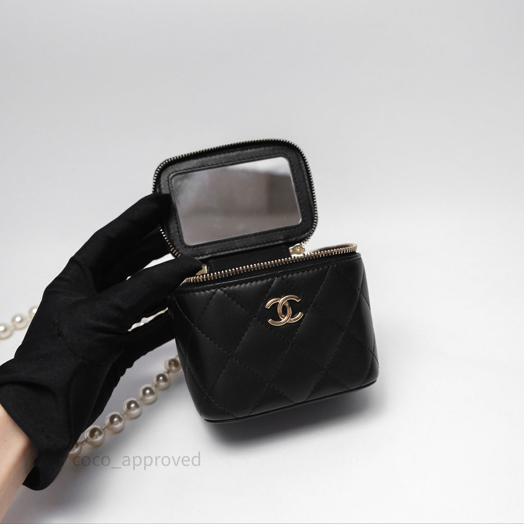 Chanel Mini Vanity With Pearl Chain Black Lambskin Gold Hardware