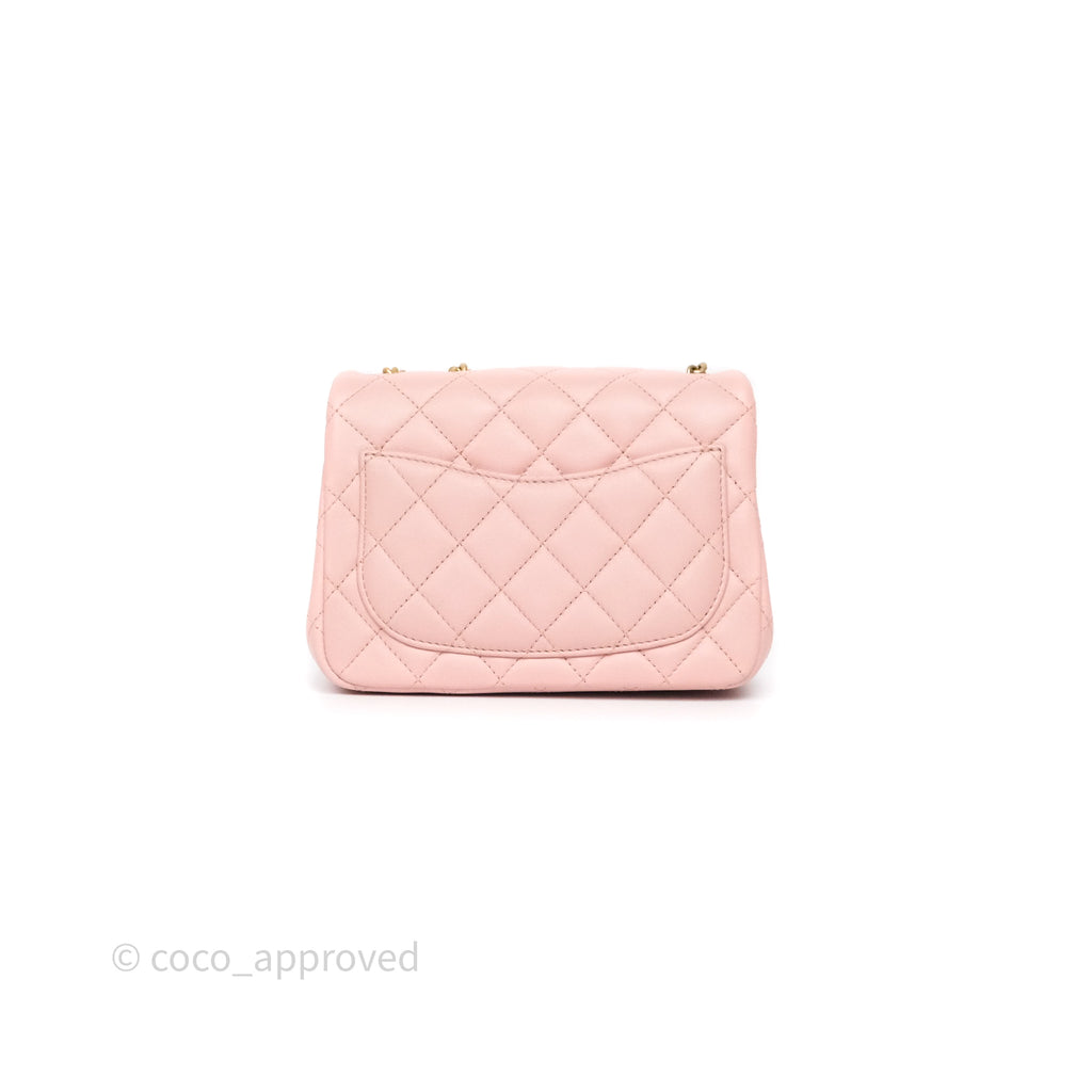 Chanel Quilted Mini Square Flap with Camellia Adjustable Chain Pink Clair Lambskin
