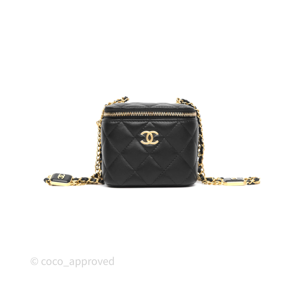 Chanel Mini Vanity With Double Chain Black Lambskin Aged Gold Hardware