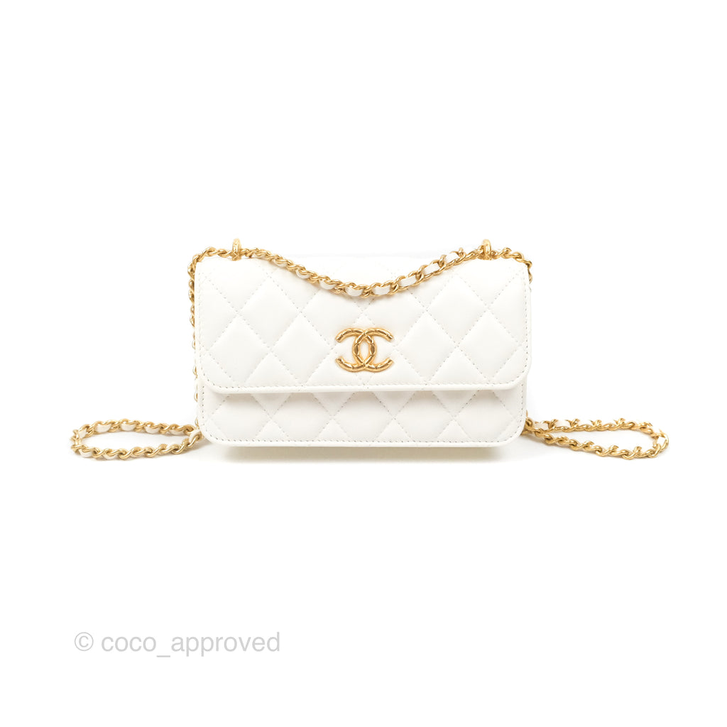 Chanel Dynasty Phone Holder with Chain White Ivory Lambskin Aged Gold Hardware