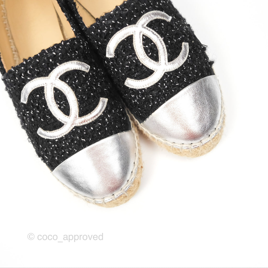 Chanel Espadrille Black Silver Tweed Size 37 