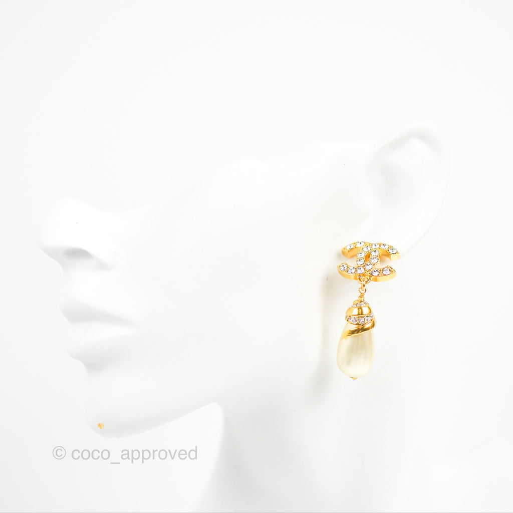 Chanel Crystal CC Drop Tear Pearl Earrings Gold Tone 22A