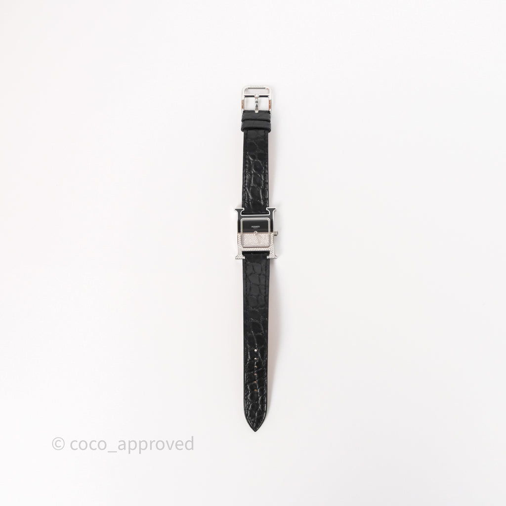 Hermes Heure H Double Jeu Watch Small Model 25mm Black Croc Strap