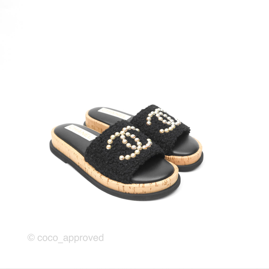 Chanel CC Mule Sandals Black Tweed Cork Size 36