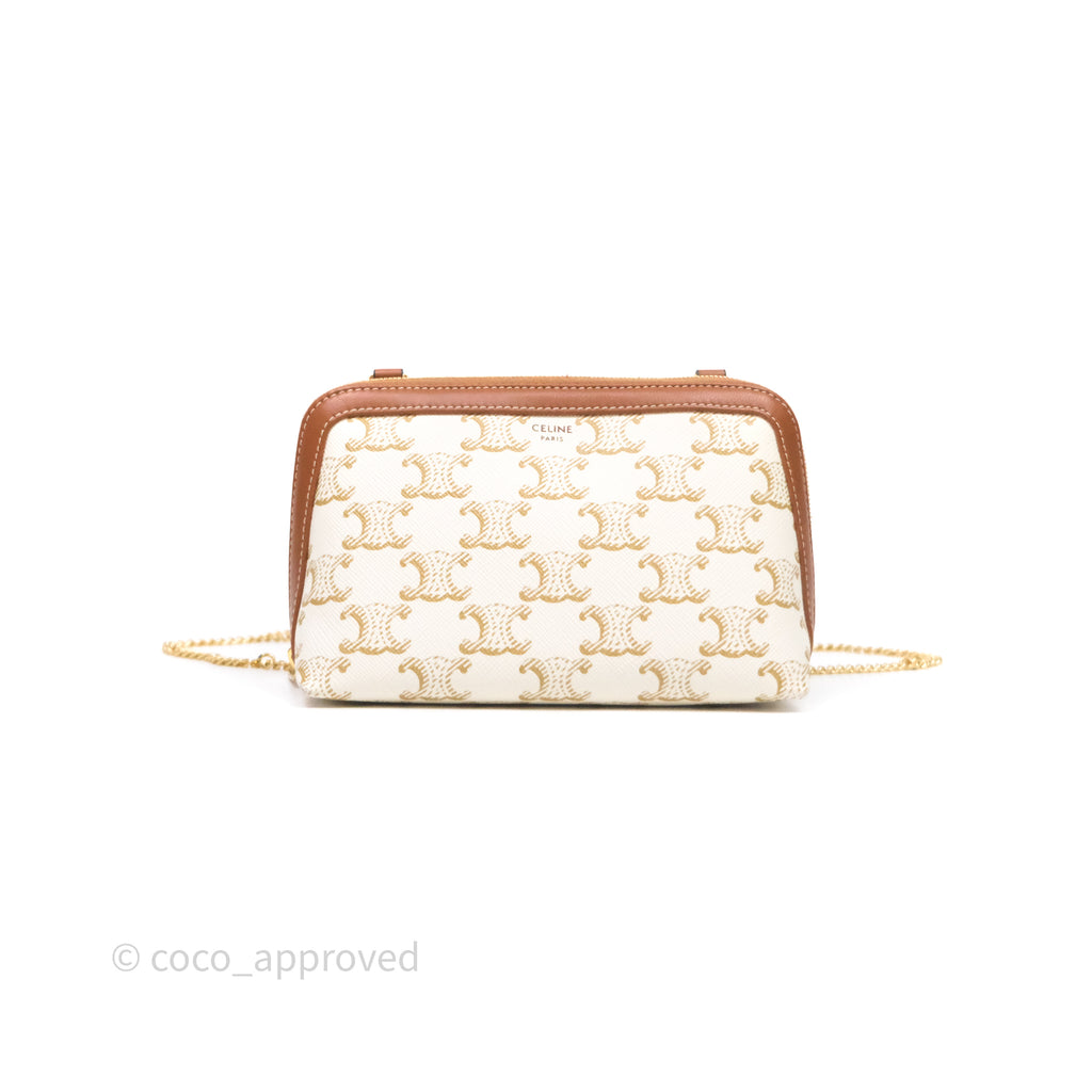Celine Clutch With Chain Triomphe Canvas Lambskin White/Tan