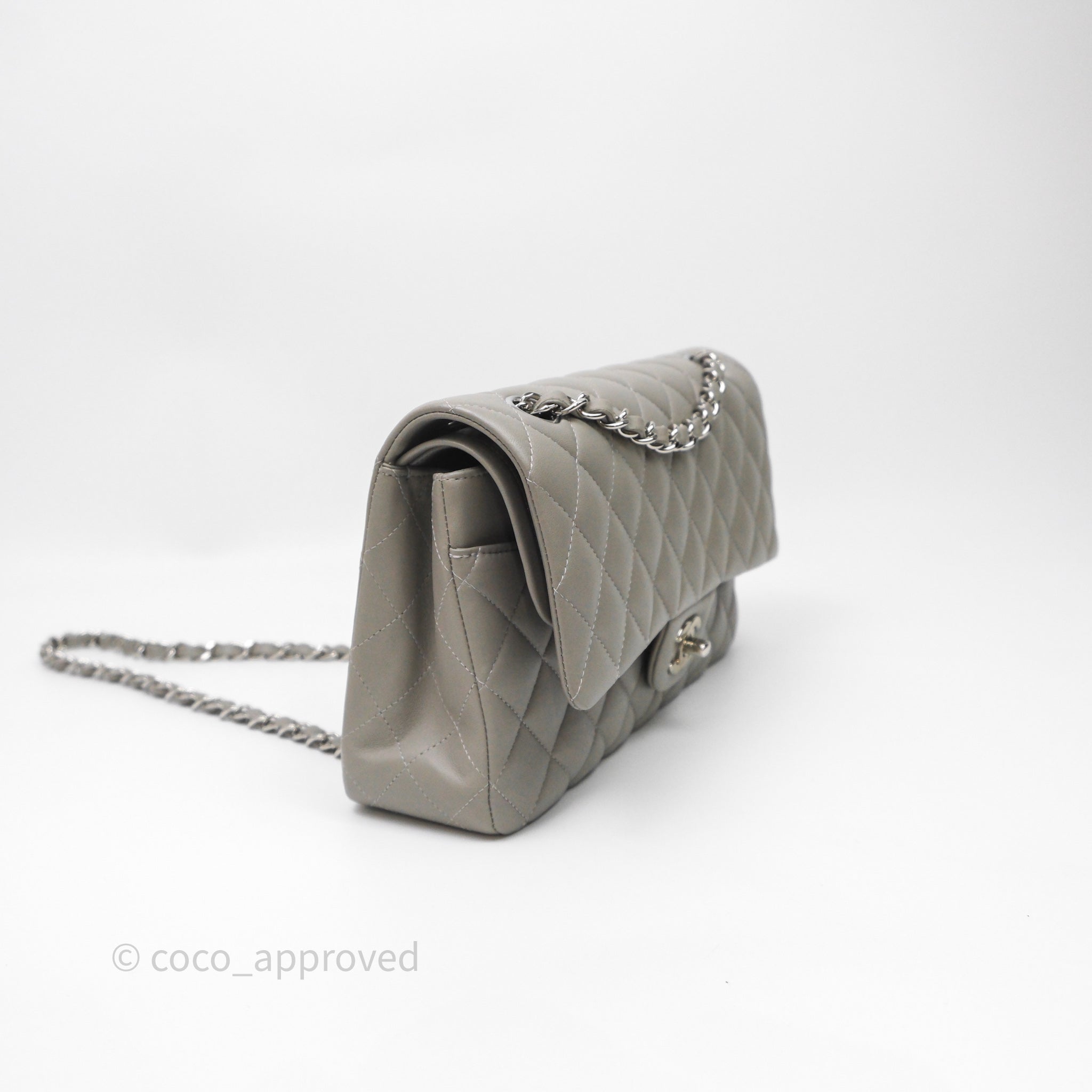 Chanel Classic M/L Medium Flap Quilted Grey Lambskin Silver