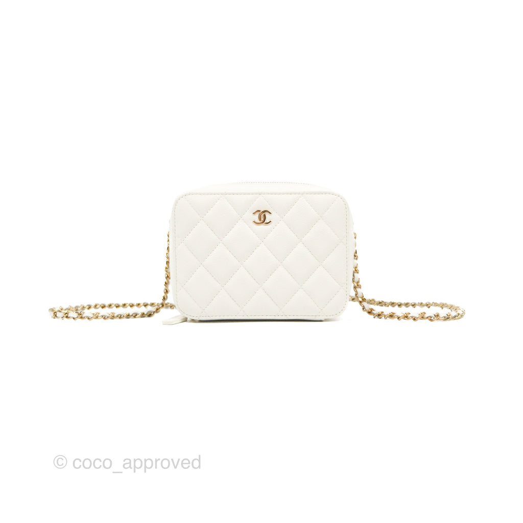 Chanel Mini Quilted Camera Case White Caviar Gold Hardware