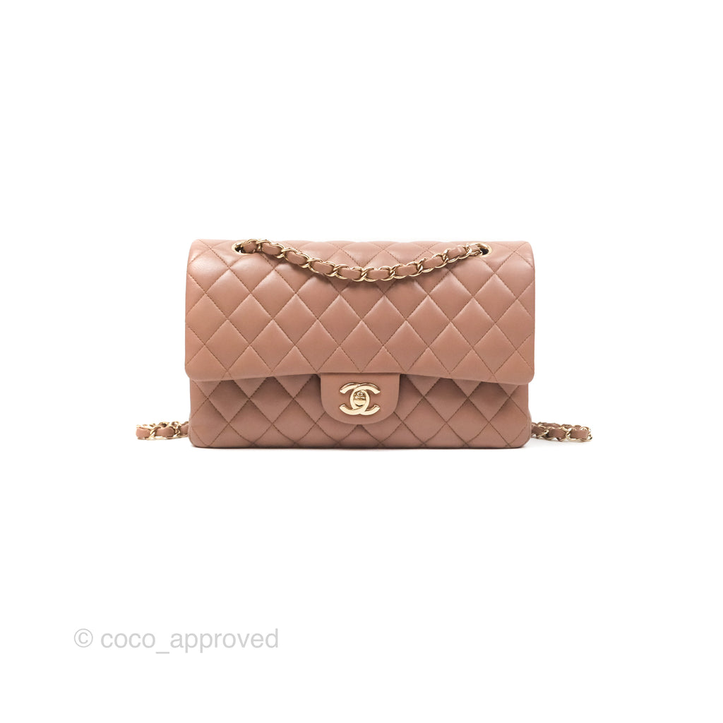 Chanel Classic M/L Medium Flap Quilted Dark Beige Lambskin Gold Hardware