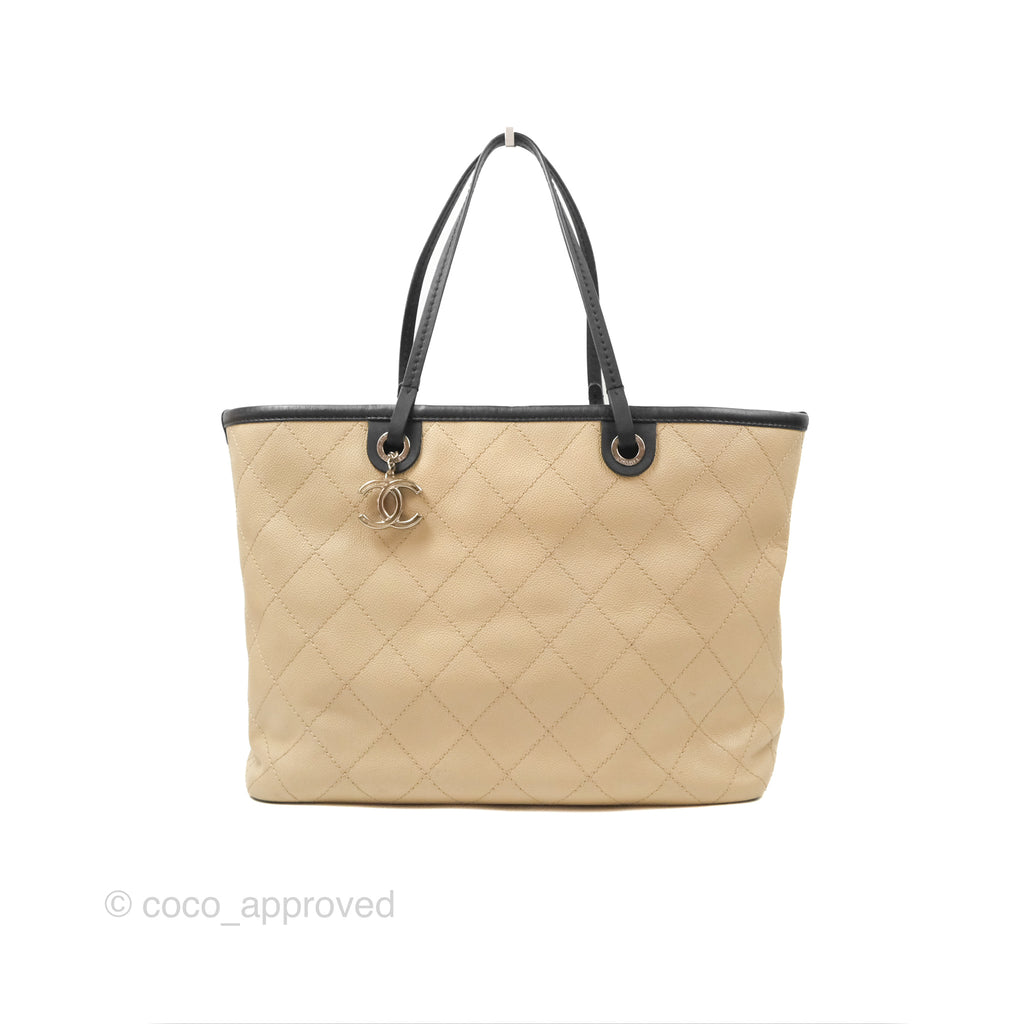 Chanel Large Fever Shopping Tote Quilted Beige Black Caviar