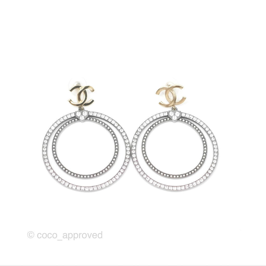 Chanel CC Circles Crystal Drop Earrings Brushed Gold Tone & Gun Metal 20P