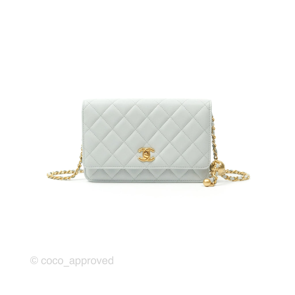 Chanel Pearl Crush Quilted Wallet on Chain WOC Light Grey Blue Lambskin Aged Gold Hardware