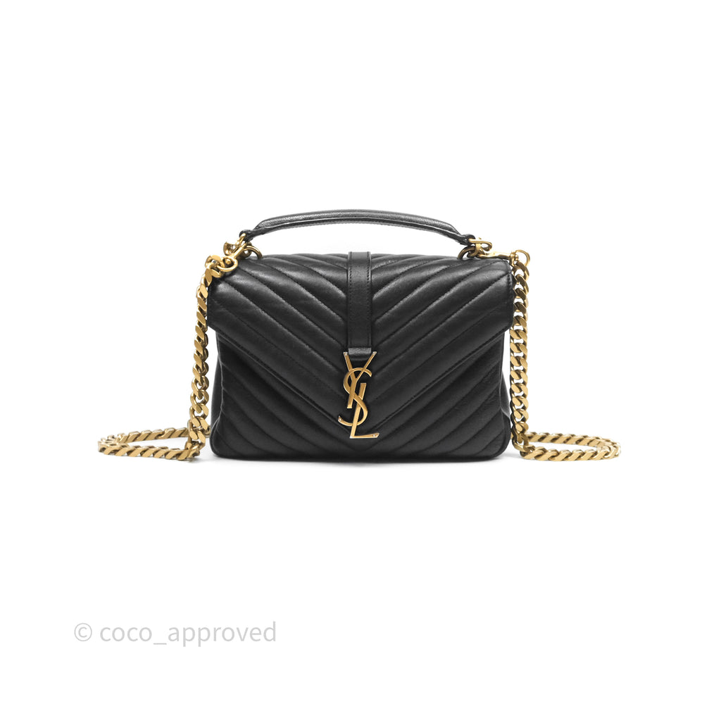 Saint Laurent Chevron Medium College Black Chain Bag Gold Hardware