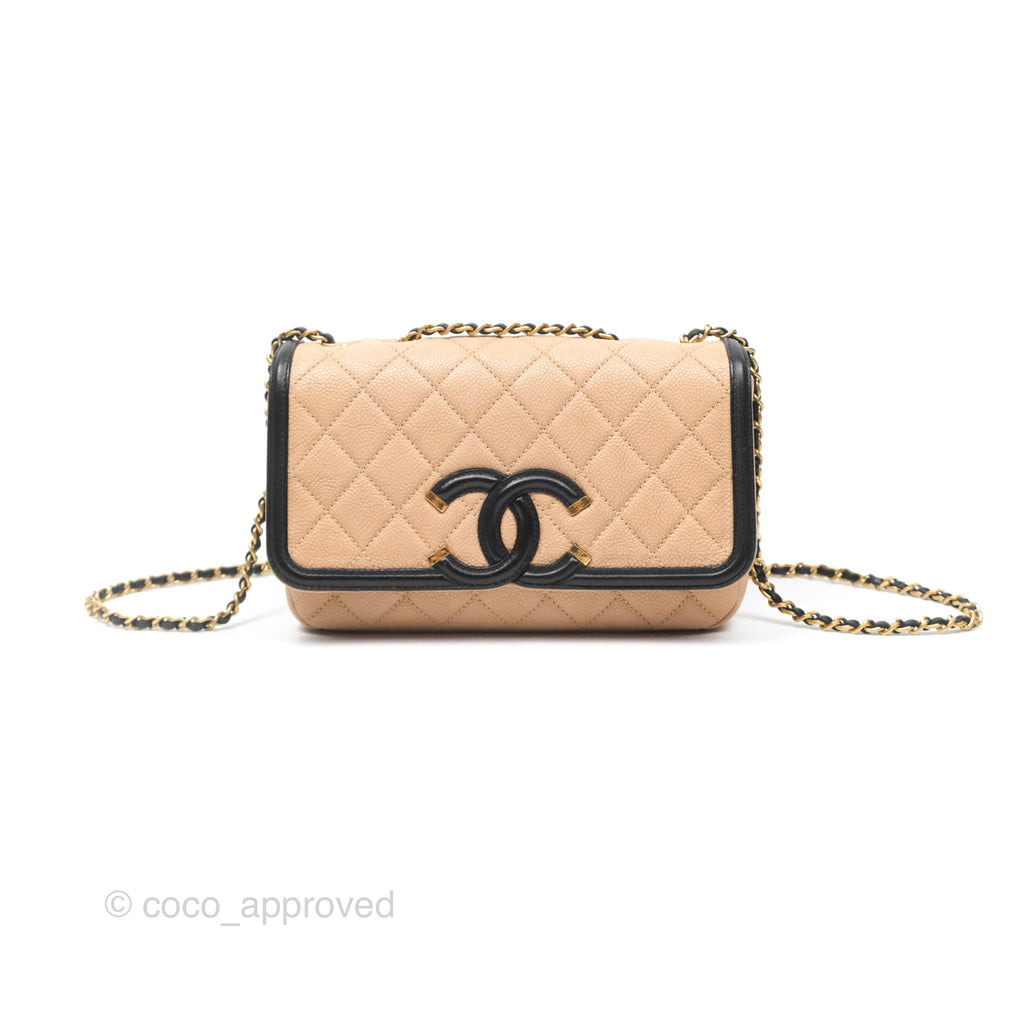 Chanel Small CC Filigree Flap Quilted Beige Black Caviar