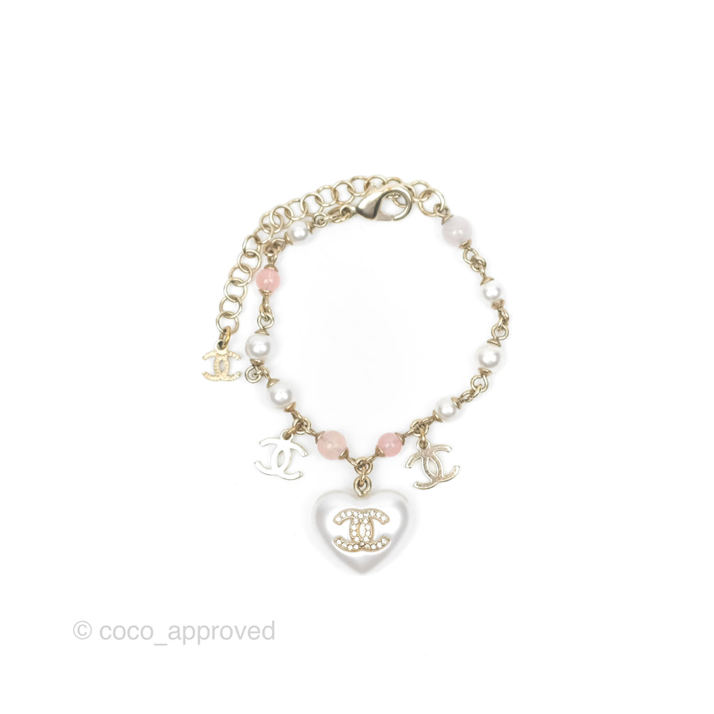 Chanel Pink Bead Heart Pearl Crystal CC Bracelet Gold Tone 21B