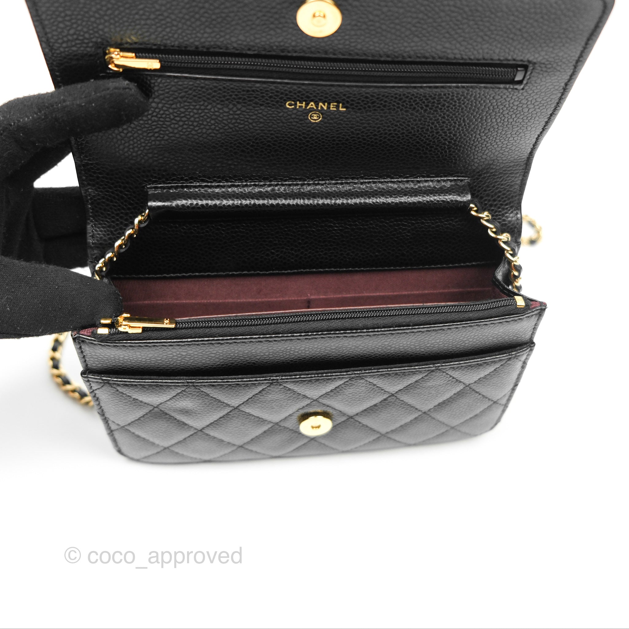 Chanel Quilted Classic Wallet On Chain WOC Black Caviar Gold Hardware –  Coco Approved Studio