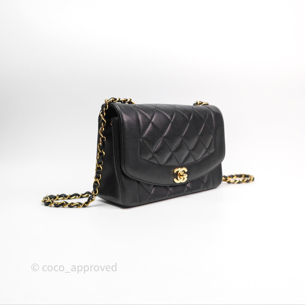 Chanel Vintage Quilted Small Classic Diana Flap Bag Black Lambskin 24K Gold Hardware