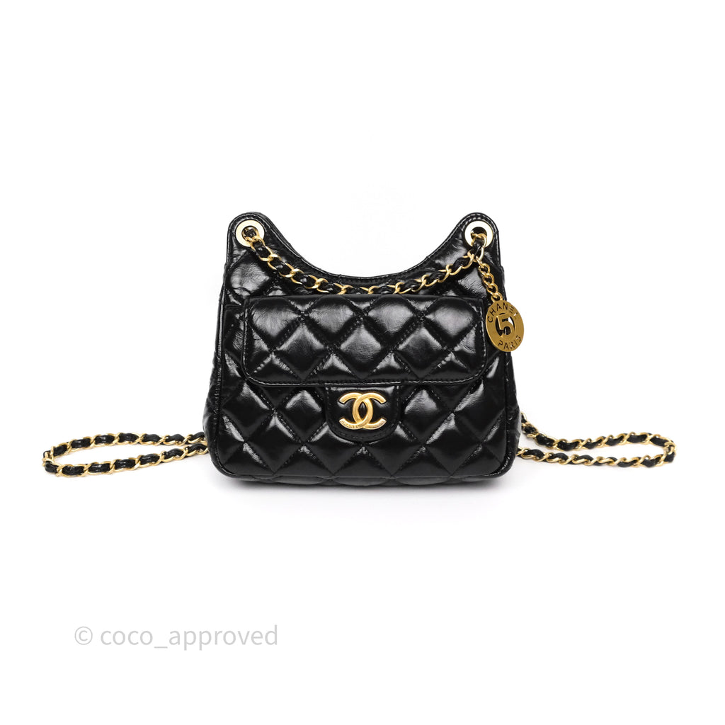 Chanel Small Hobo Black Shiny Crumpled Calfskin Aged Gold Hardware 23C