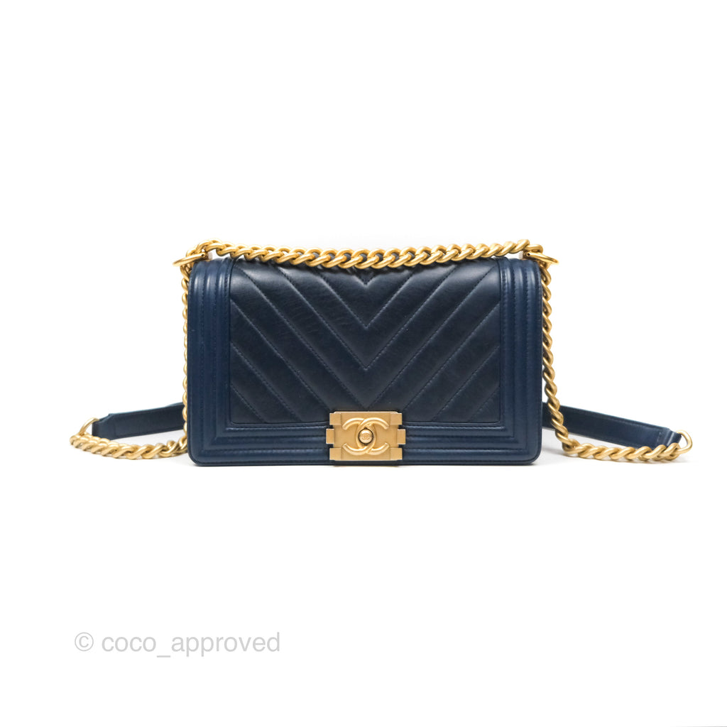 Chanel Medium Boy Chevron Navy Calfskin Aged Gold Hardware