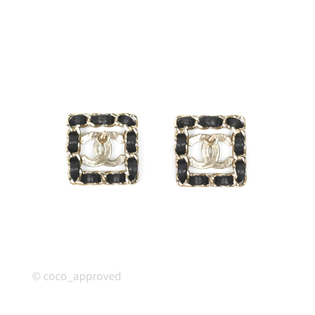 Chanel Square Crystal CC Braided Black Leather Earrings Gold Tone 20B