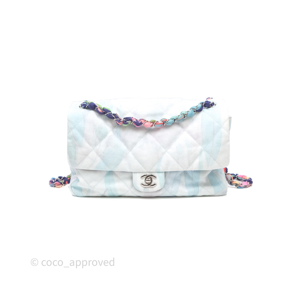 Chanel Single Flap Bag Blue Watercolour Denim Silver Hardware