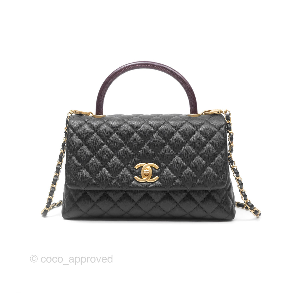 Chanel Medium Coco Handle Quilted Black Caviar Lizard Handle Gold Hardware