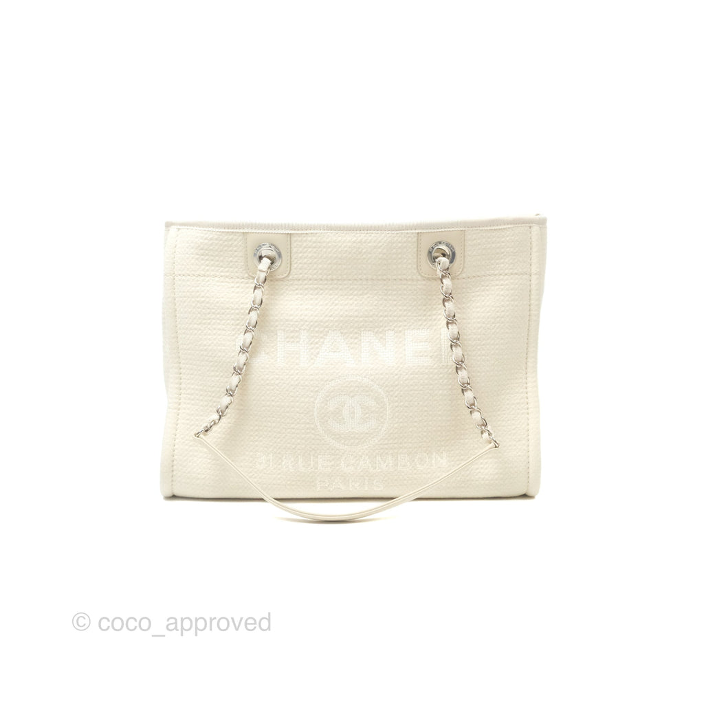 Chanel Medium Deauville Tote Ivory Cotton Silver Hardware