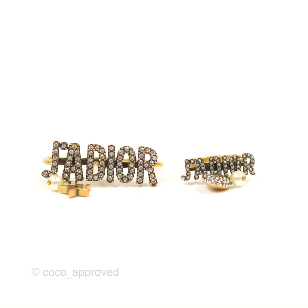 Dior J'adior Crystal Drop Charm Ring Set Antique Gold Tone