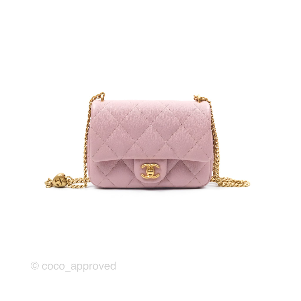 Chanel Mini Flap Bag Heart Adjustable Chain Dusty Pink Caviar Aged Gold Hardware