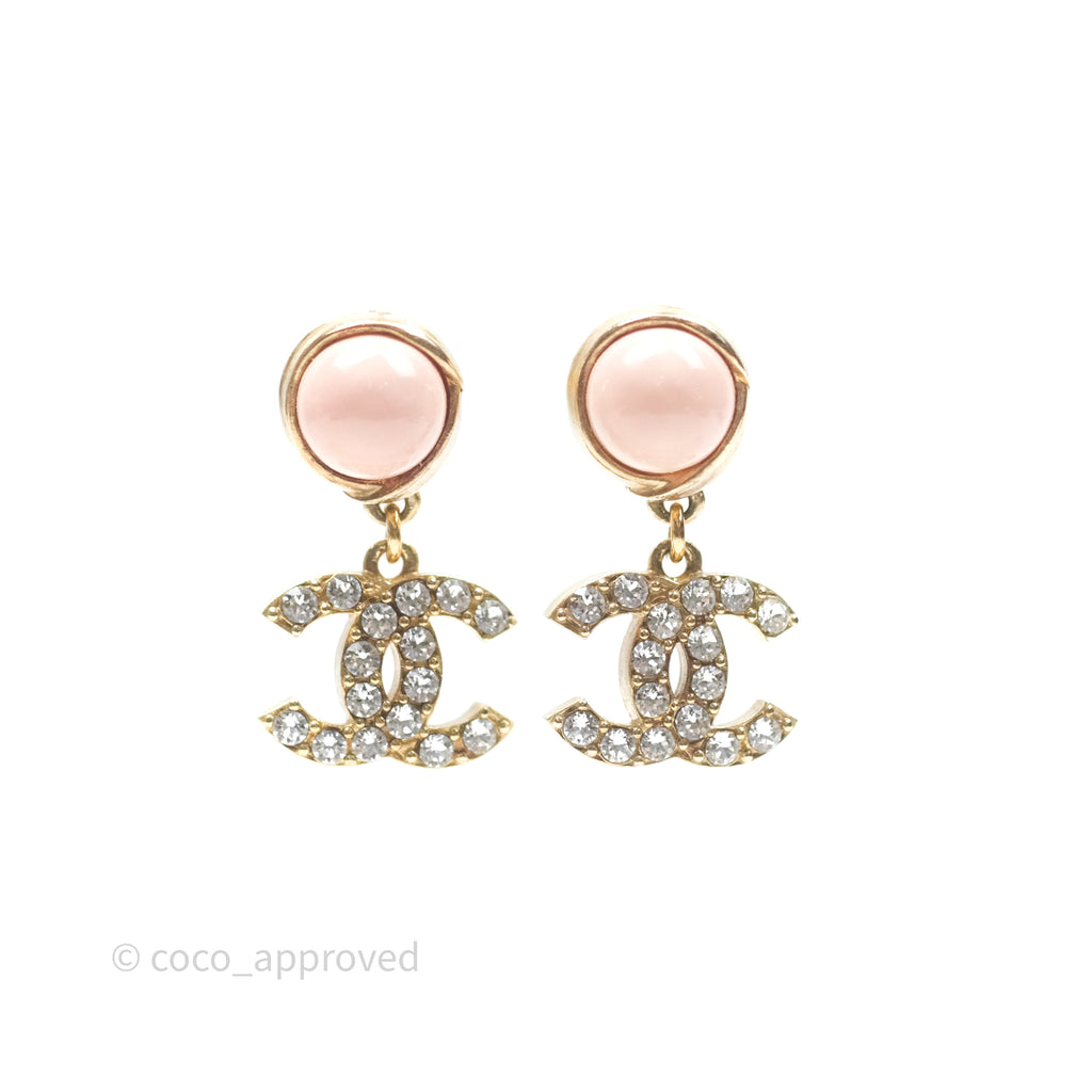 Chanel Pink Ball Crystal CC Drop Earrings Gold Tone 22A