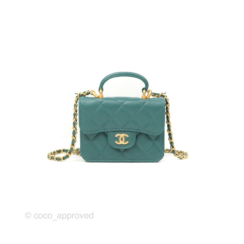 Chanel Mini Handle Flap Coin Purse With Chain Teal Green Lambskin Aged Gold Hardware