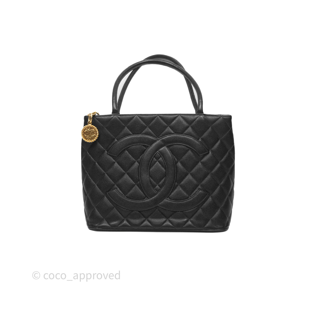 Chanel Vintage Medallion CC Black Caviar Tote Bag Gold Hardware