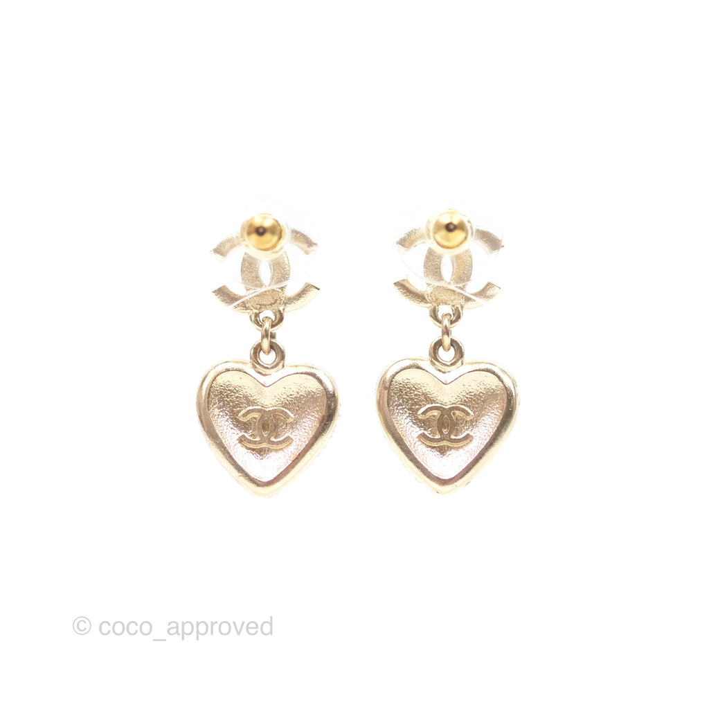 Chanel Crystal CC Pearl Heart Drop Earrings Gold Tone 23V