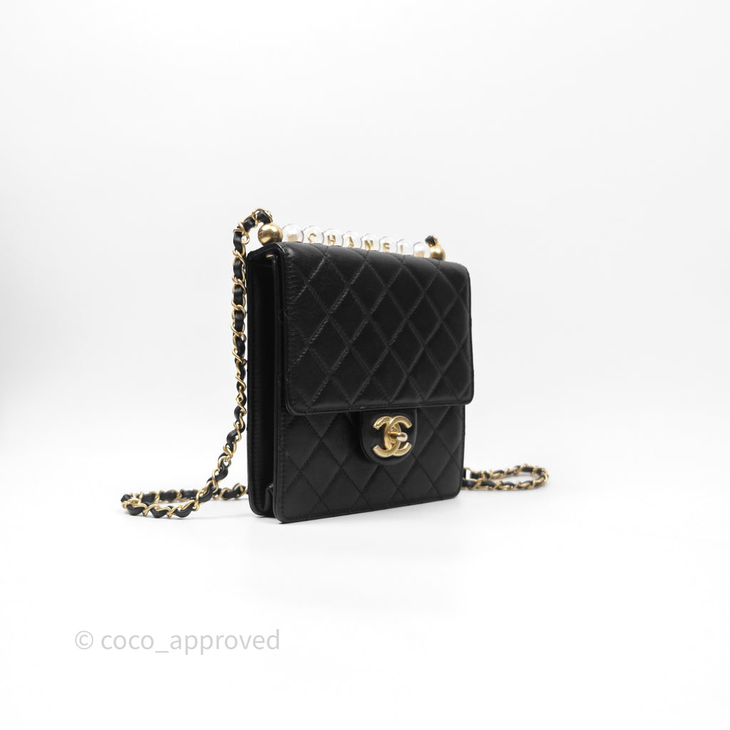 Chanel Quilted Chic Logo Pearls Flap Black Goatskin Aged Gold Hardware