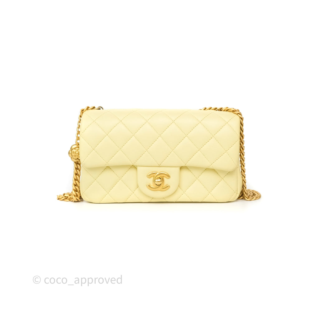 Chanel Mini Rectangular Flap with Camellia Adjustable Chain Yellow Lambskin Aged Gold Hardware 23S