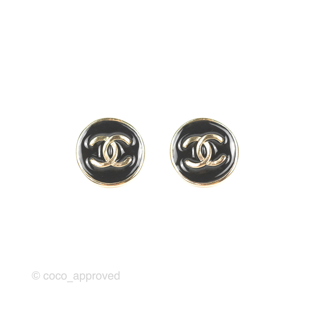 Chanel Round CC Black Earrings Gold Tone 22A