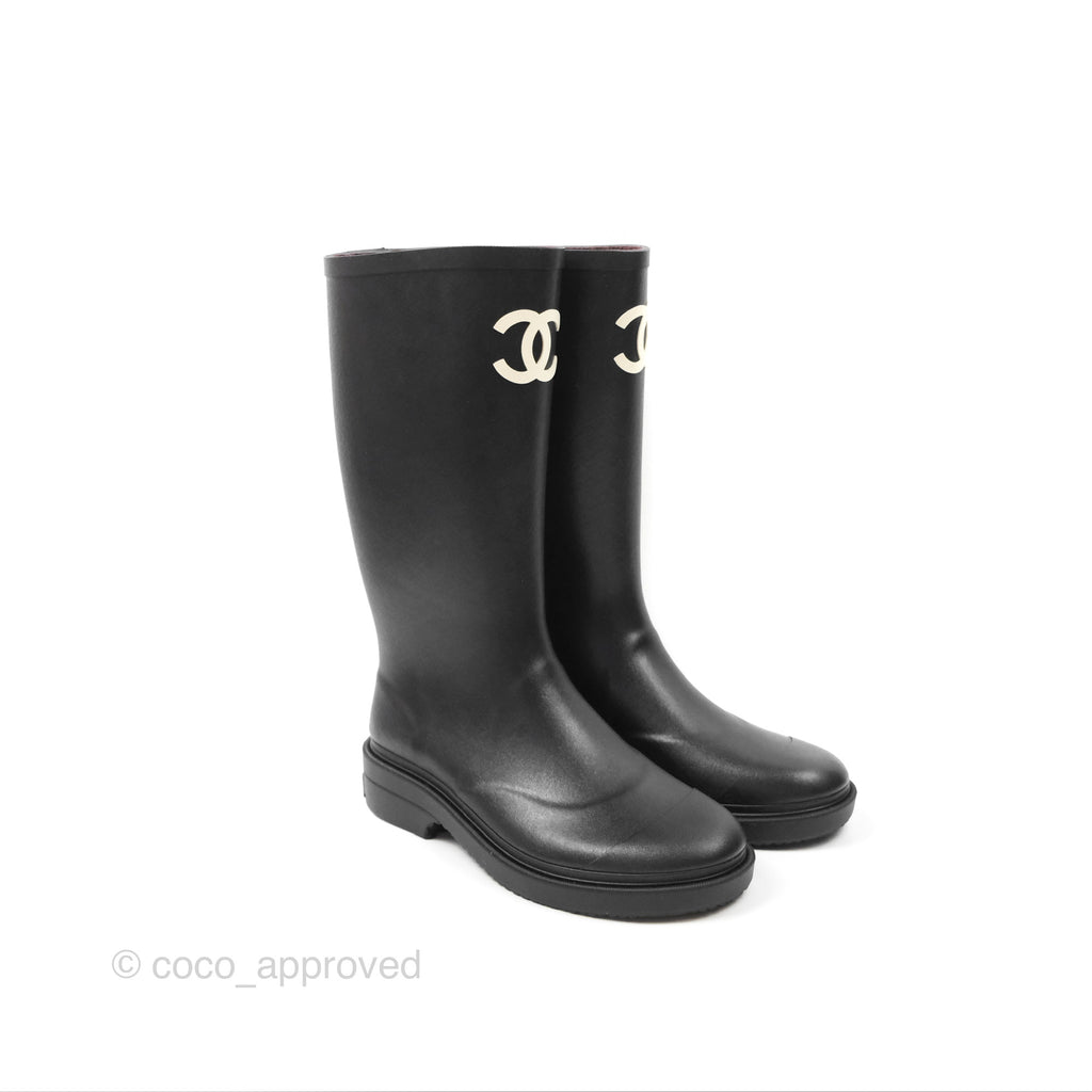 Chanel CC Black Rubber Rain Boots Size 37