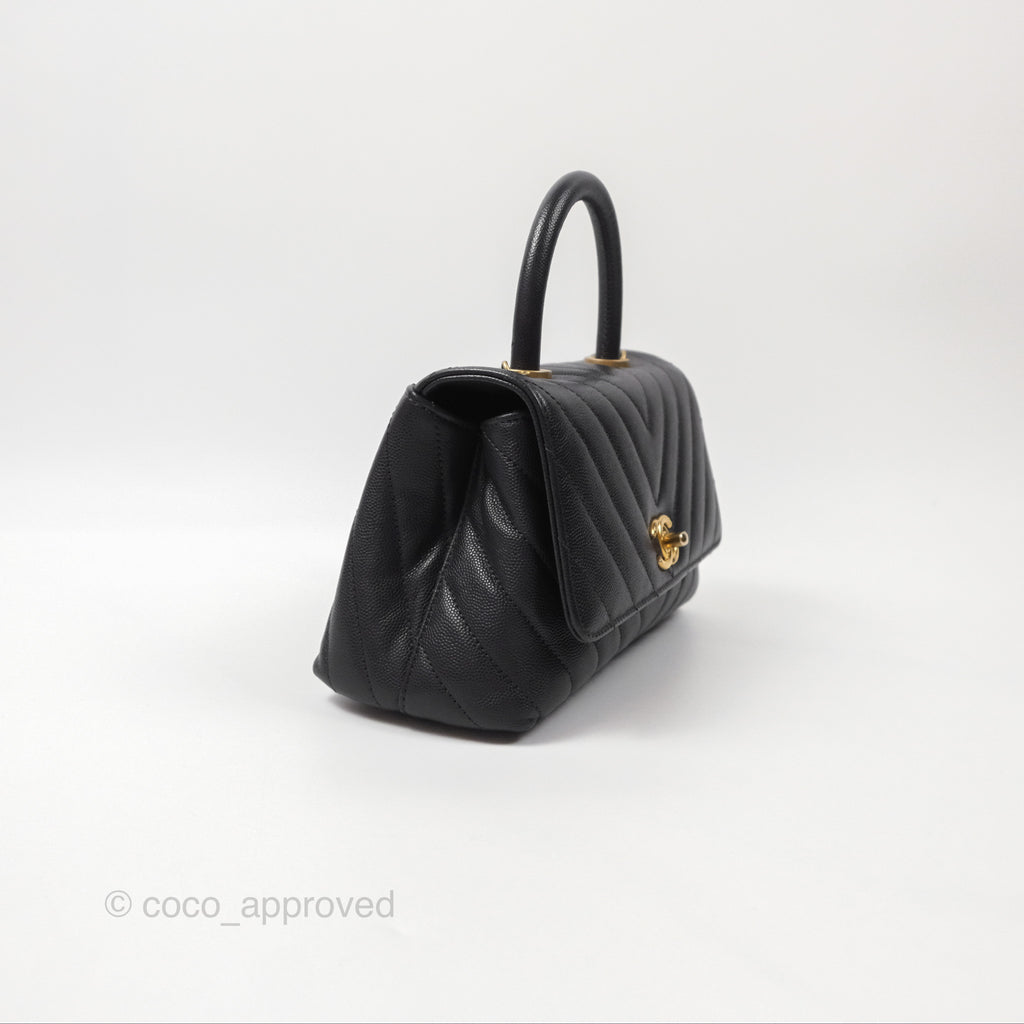 Chanel Small Coco Handle Chevron Dark Grey Caviar Aged Gold Hardware