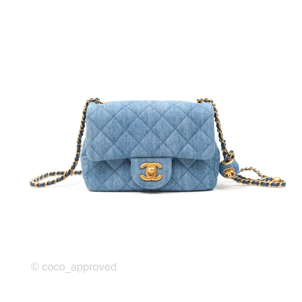 Chanel Mini Square Pearl Crush Quilted Denim Aged Gold Hardware