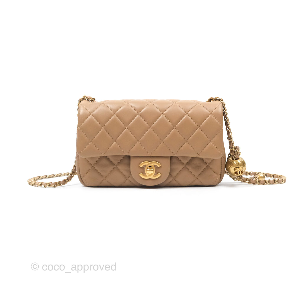 Chanel Mini Rectangular Pearl Crush Quilted Beige Lambskin Aged Gold Hardware