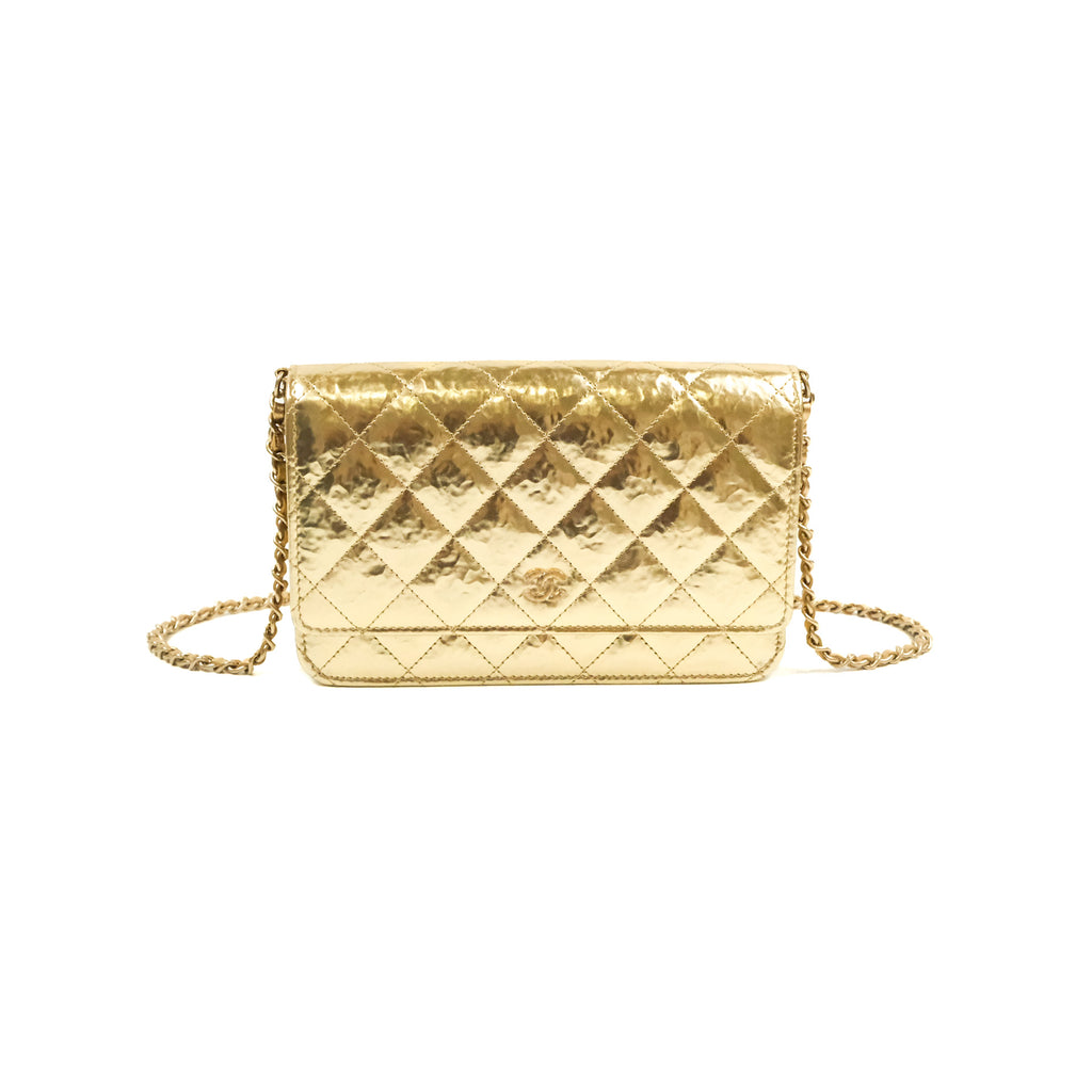 Chanel Quilted Classic Wallet on Chain WOC Metallic Gold Calfskin Gold Hardware